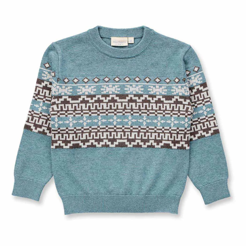 Sense Organics Ezra knitted Sweater, Pullover, sage melange + Pattern, grau Norweger