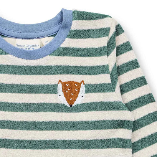 Sense Organics Long John Terry Pyjama, green teal stripes + Fox, Schlafanzug
