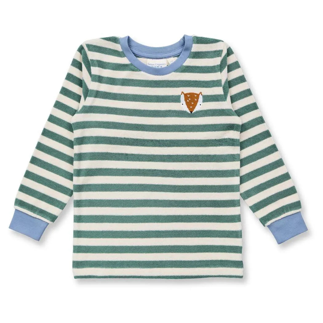 Sense Organics Long John Terry Pyjama, green teal stripes + Fox, Schlafanzug