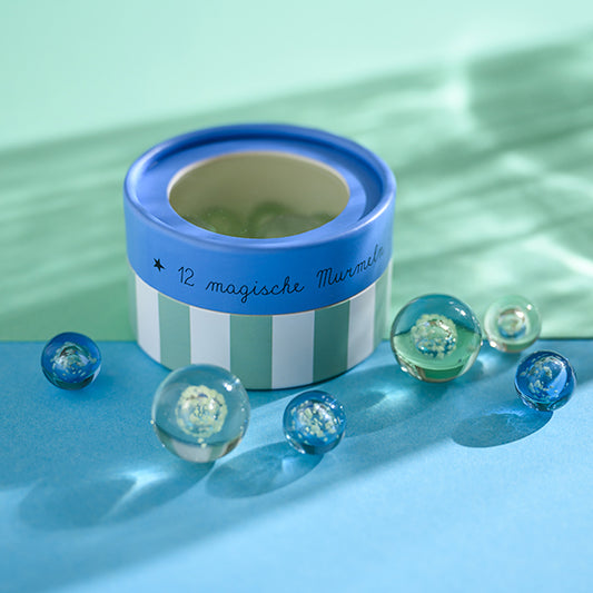 Ava&Yves Magische Murmeln, blau – Glow in the Dark, 12 Stück in Geschenkverpackung