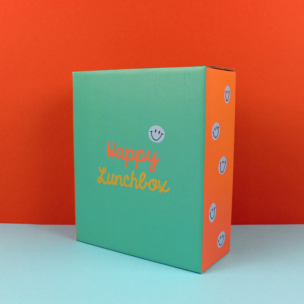 Ava&Yves Brotdose / Lunchbox mit herausnehmbarem Einsatz, Smile grün/ocker/hellblau inkl. Geschenkverpackung