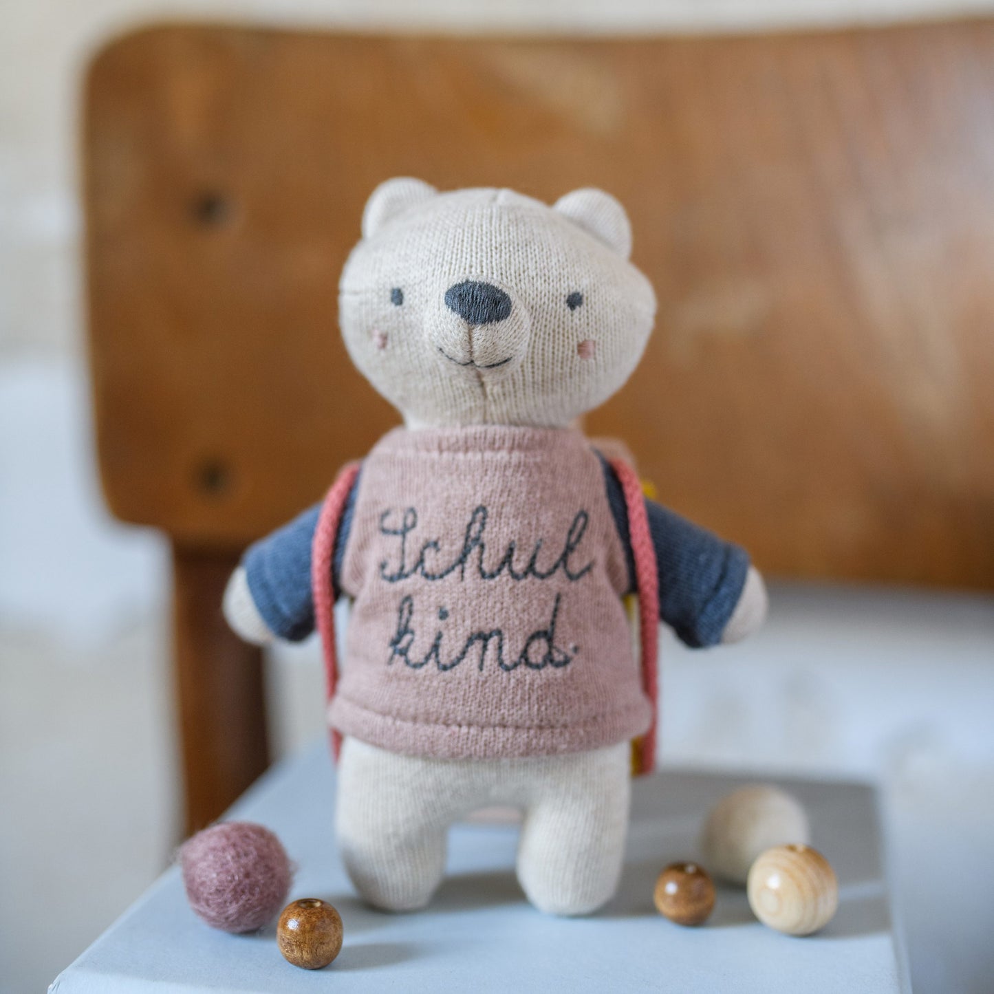 Ava&Yves Bär „Schulkind“ mit Schulranzen und Shirt, rosa blau