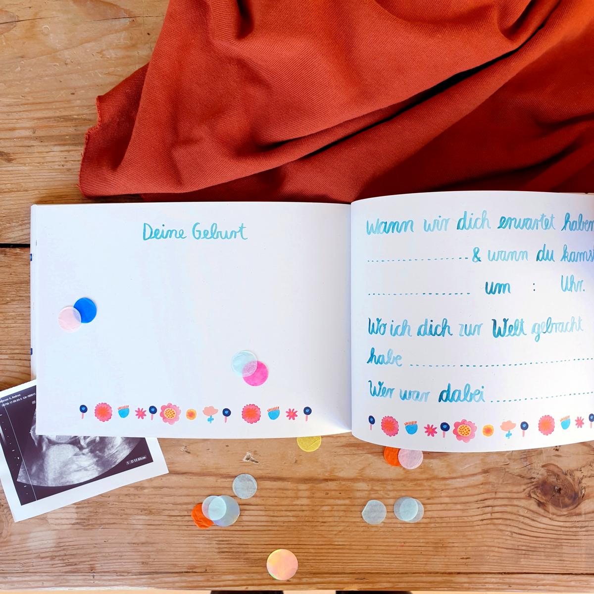 Frau Ottilie Schwanger mit dir, Schwangerschaftstagebuch, Paperback, blau beige mit Blume