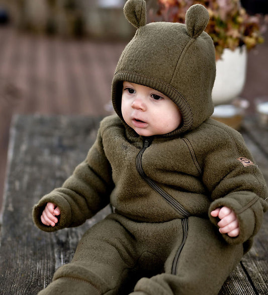 Mikk-Line Wollanzug beech, Reißverschluss und Kapuze, oliv