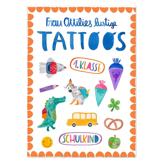 Frau Ottilie Lustige Kindertattoos Schulkind, orange, 1.Klasse, Affe, Krokodil