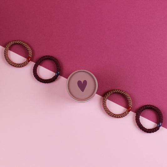 Ava&Yves Haargummi-Set altrosa dunkelrot mit 4 Haargummis in runder Geschenkbox