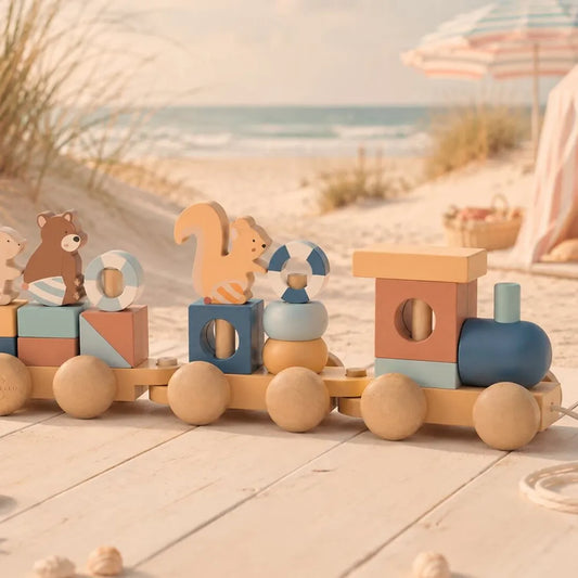 Baby Bello Spielzeugeisenbahn aus Holz mit Bär, Eichhörnchen und Hase