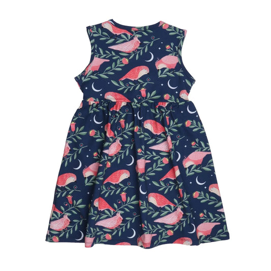 Walkiddy trägerloses Kleid Pinky Birds dunkelblau