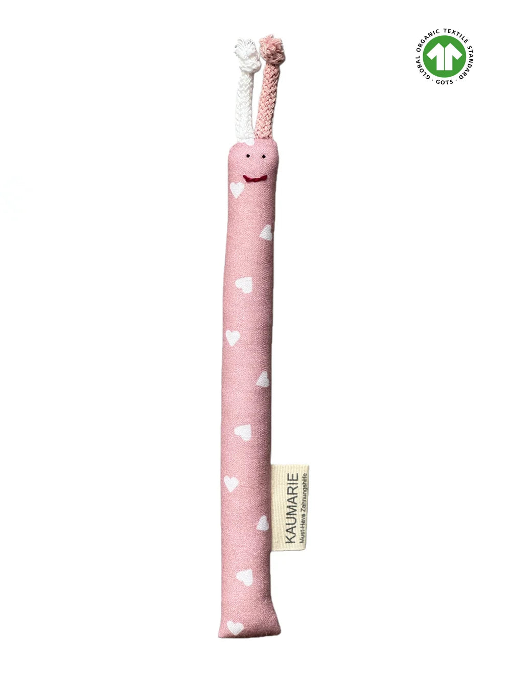 Kaumarie Kaustangen, Zahnungshilfe Rosalie, altrosa mit kleinen weißen Herzen