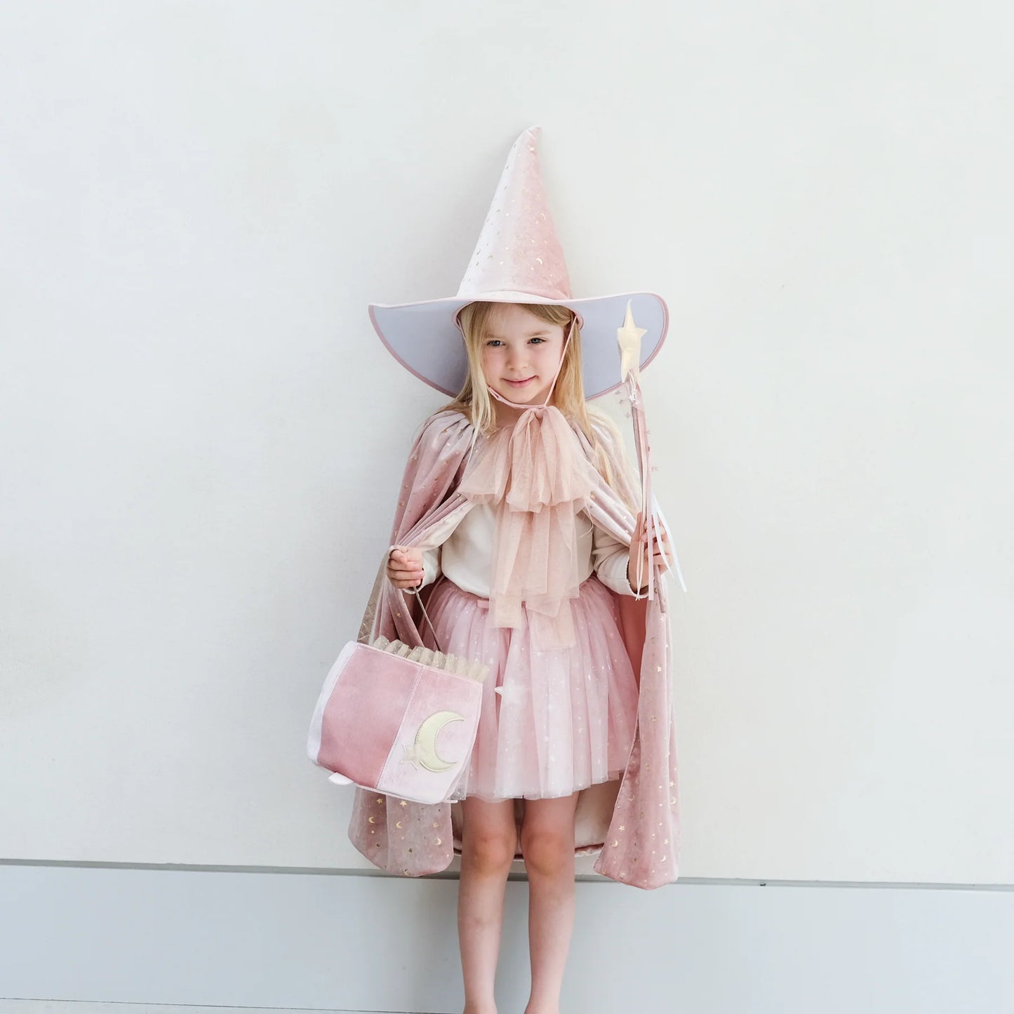 Mimi & Lula Glinda Hexenumhang rosa Samt, Cape, mit goldenem Mond und Sternen