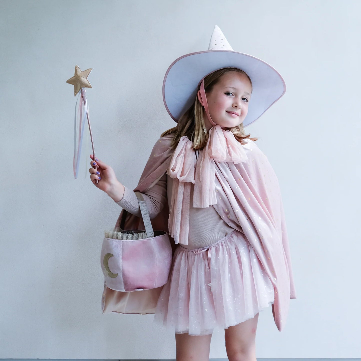 Mimi & Lula Glinda Hexenumhang rosa Samt, Cape, mit goldenem Mond und Sternen