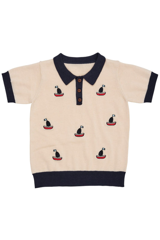 Copenhagen Colors Polo, Shirt mit Booten in Cream und Marineblau