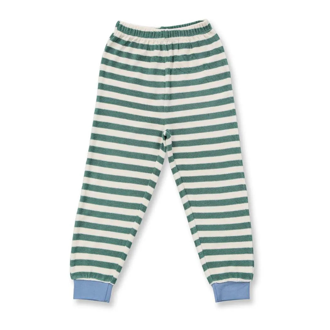 Sense Organics Long John Terry Pyjama, green teal stripes + Fox, Schlafanzug