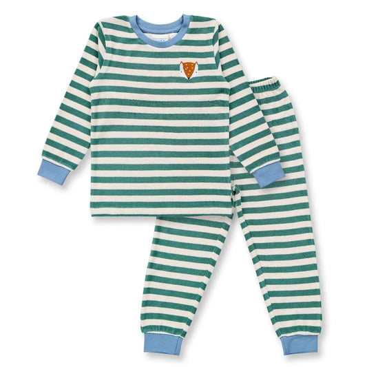 Sense Organics Long John Terry Pyjama, green teal stripes + Fox, Schlafanzug