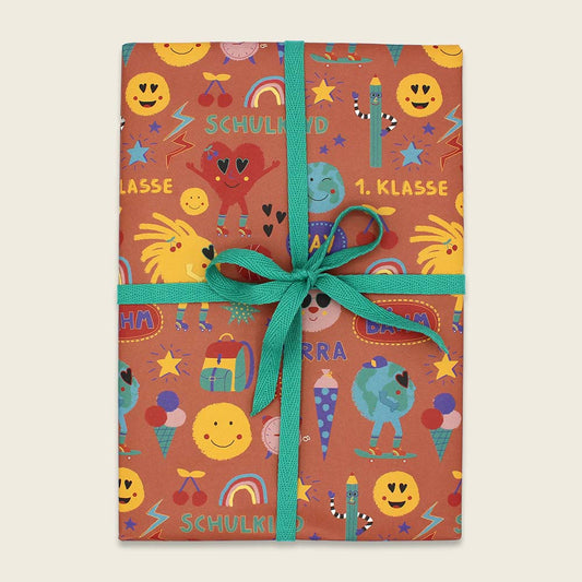 Ava&Yves Geschenkpapier Schulkind, sunny & friends, orange braun