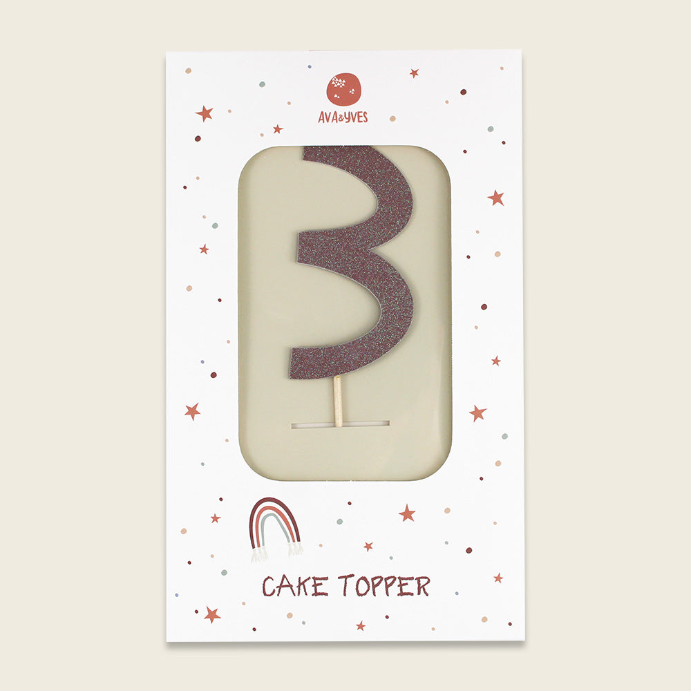 Ava & Yves Tortendeko, Cake Topper, Zahl 3, mit Glitzer