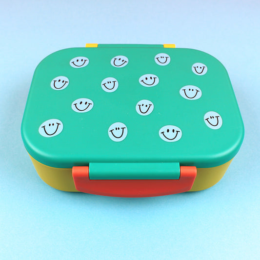 Ava&Yves Brotdose / Lunchbox mit herausnehmbarem Einsatz, Smile grün/ocker/hellblau inkl. Geschenkverpackung