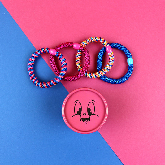 Ava&Yves Haargummi-Set pink blau mit 4 Haargummis in runder Geschenkbox