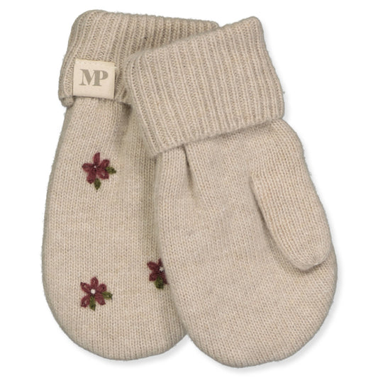 MP Denmark Helsinki Floral Mittens, Fausthandschuhe Wolle, beige melange, mit Stickerei