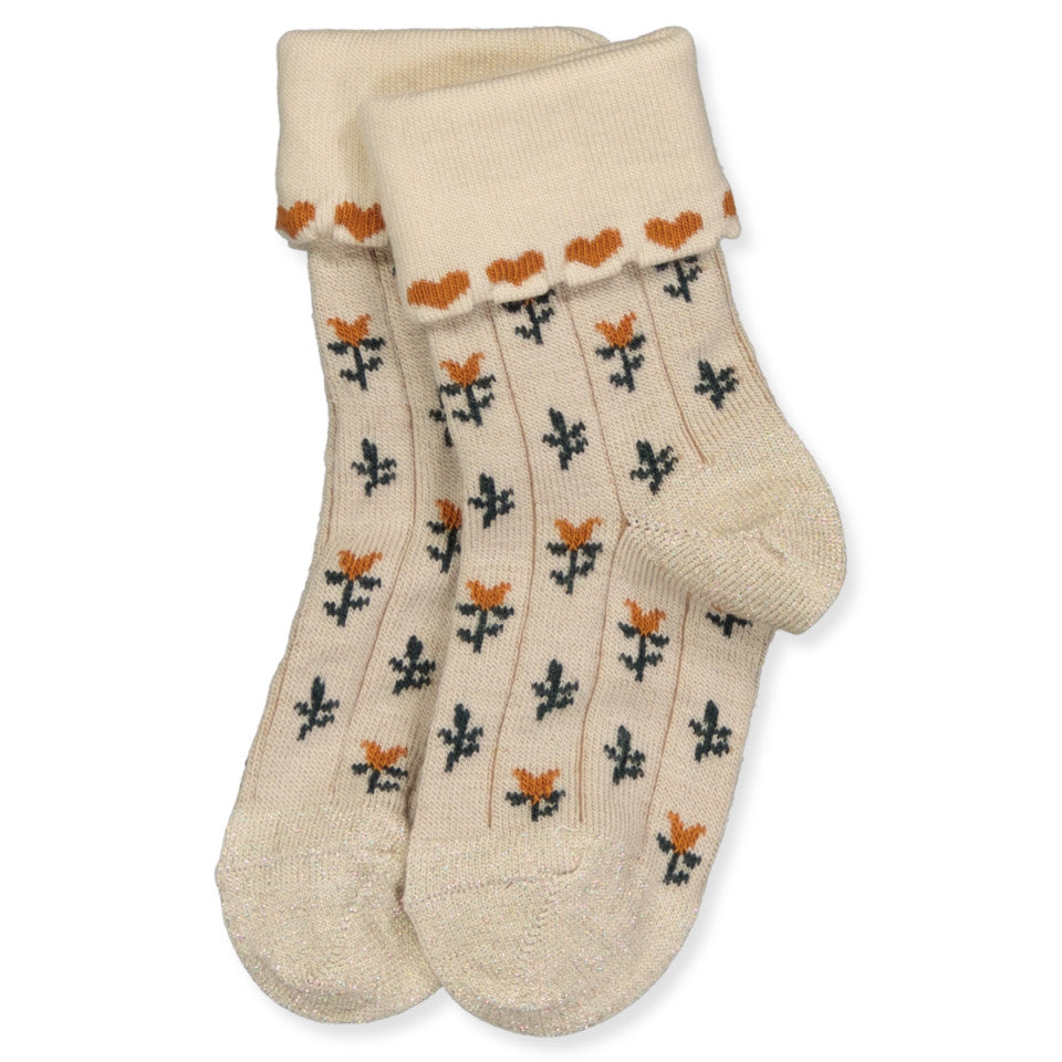 MP Denmark Nora Socks, Socken mit Blumen und Herzen, Ecru