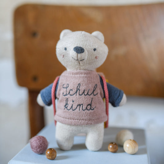 Ava&Yves Bär „Schulkind“ mit Schulranzen und Shirt, rosa blau