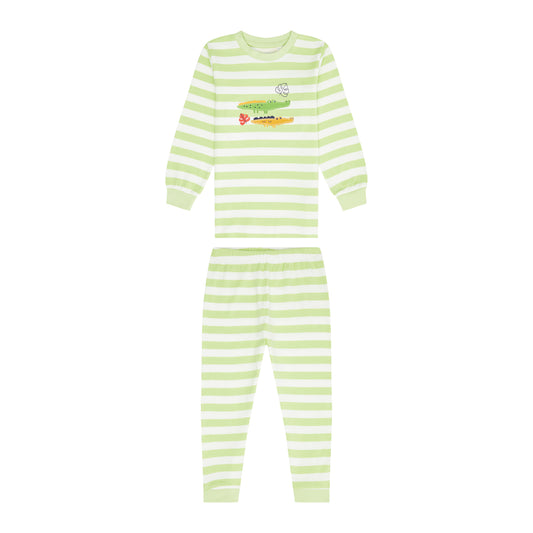Sense Organics Long John Retro Pyjama Schlafanzug Lime Cream Stripes Crocodile