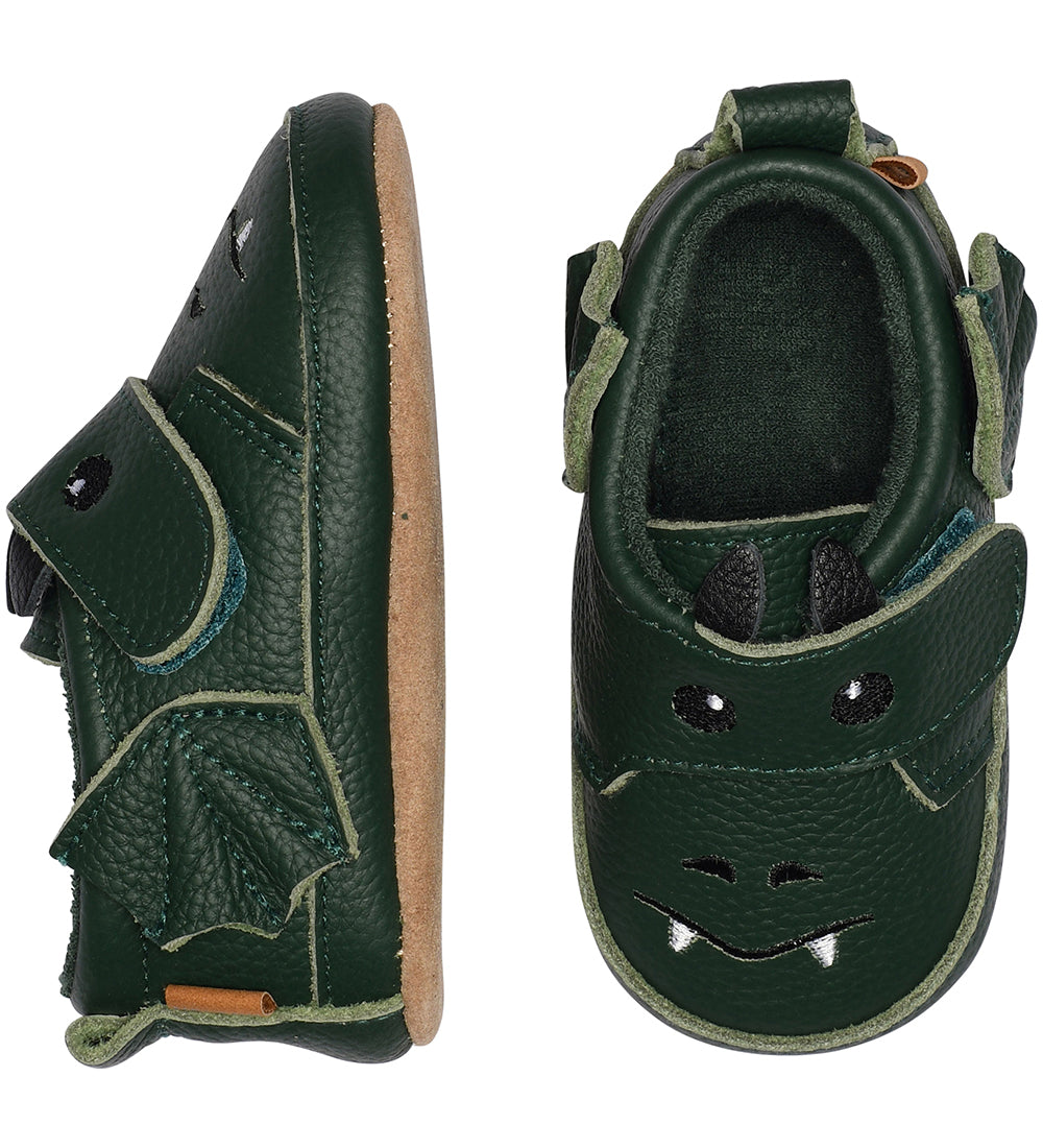 Melton Leder-Krabbelschuhe, Lederschühchen Drache grün