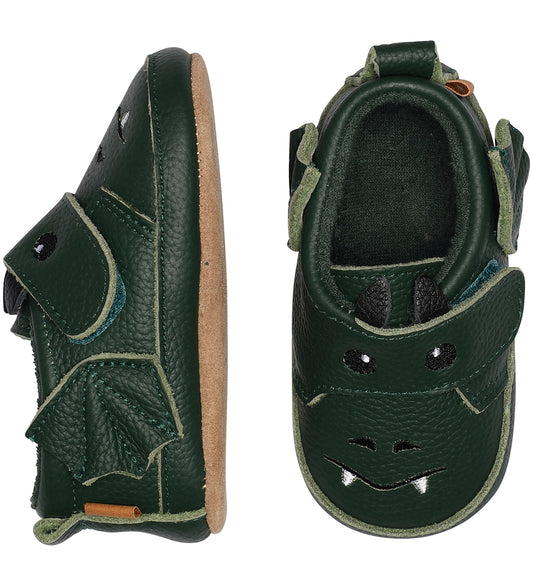 Melton Leder-Krabbelschuhe, Lederschühchen Drache grün