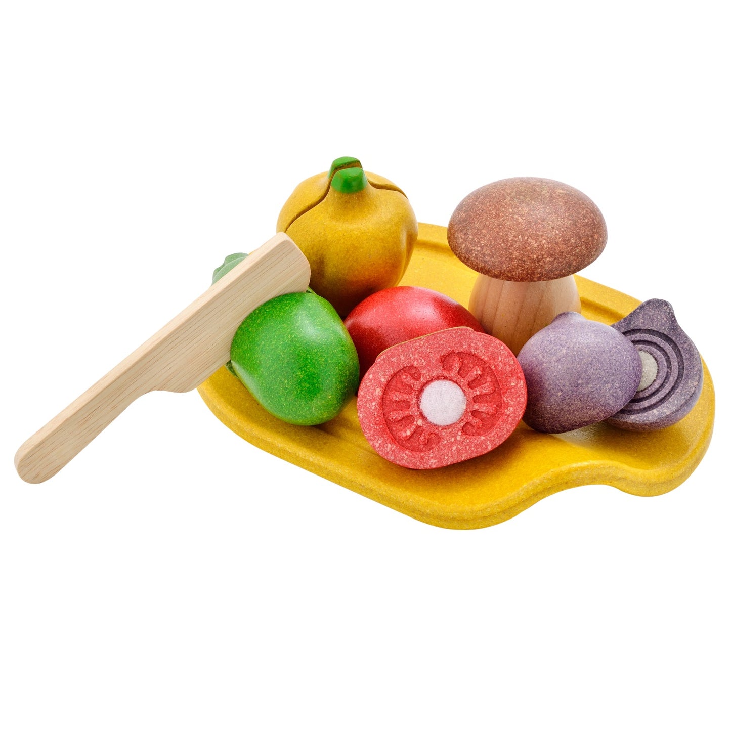 Plan Toys Gemüse mit Schneidebrett aus Holz, Tomate, Zwiebel, Pilz