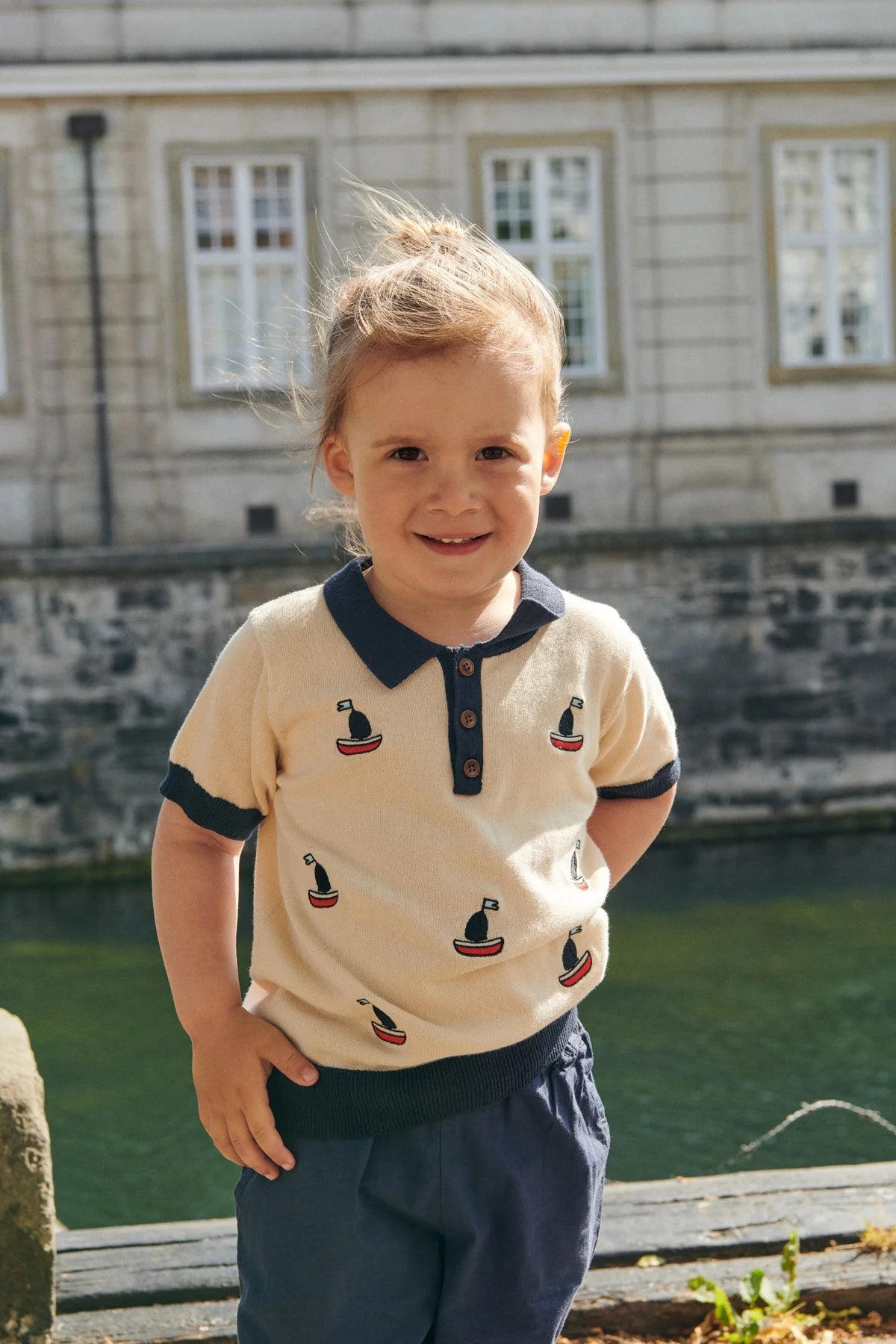 Copenhagen Colors Polo, Shirt mit Booten in Cream und Marineblau