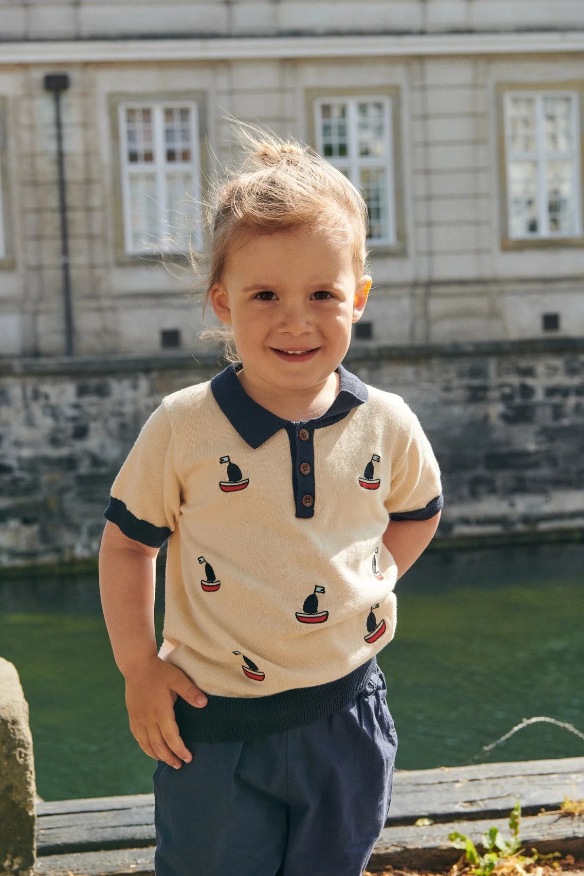 Copenhagen Colors Polo, Shirt mit Booten in Cream und Marineblau