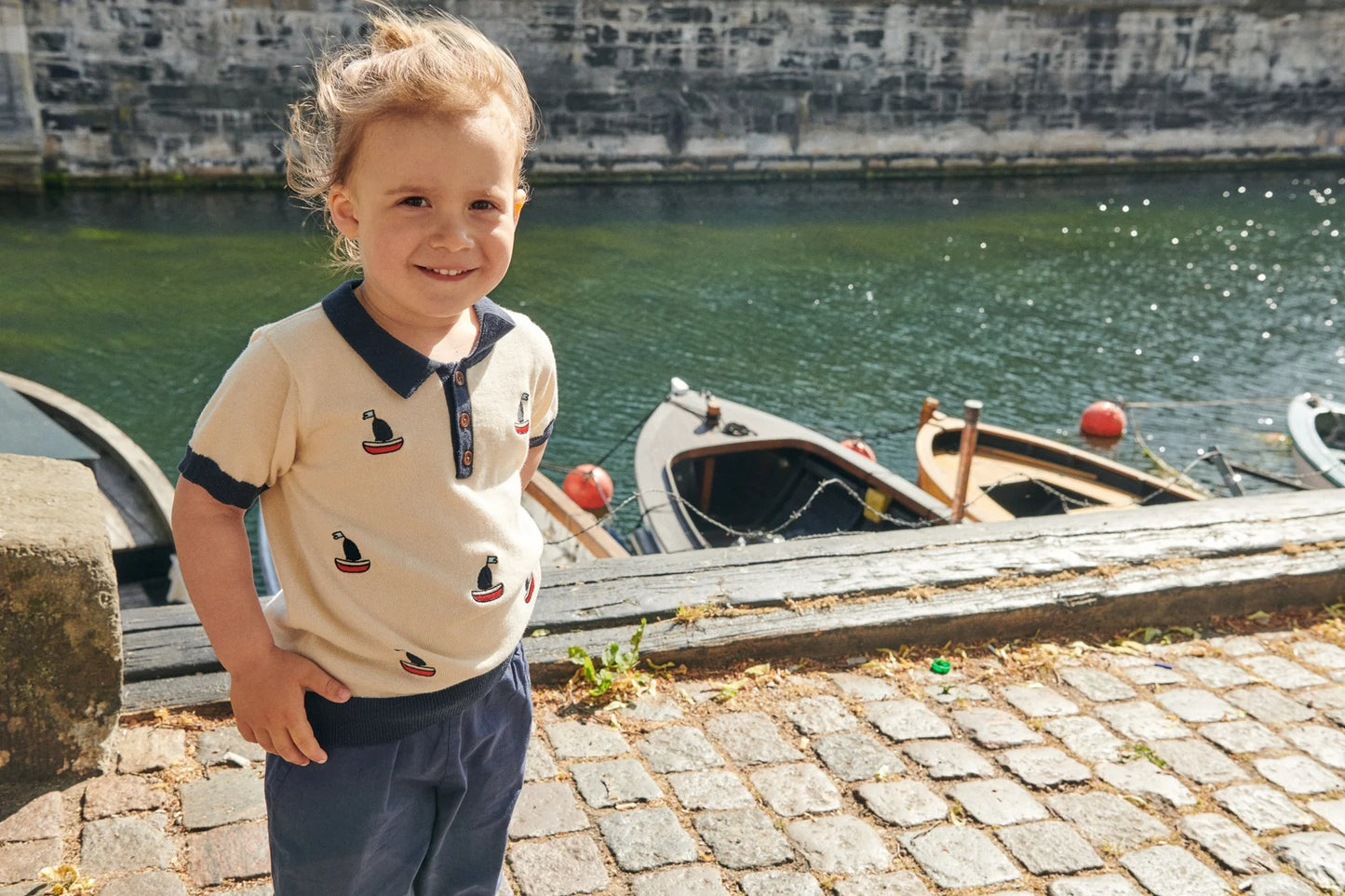 Copenhagen Colors Polo, Shirt mit Booten in Cream und Marineblau