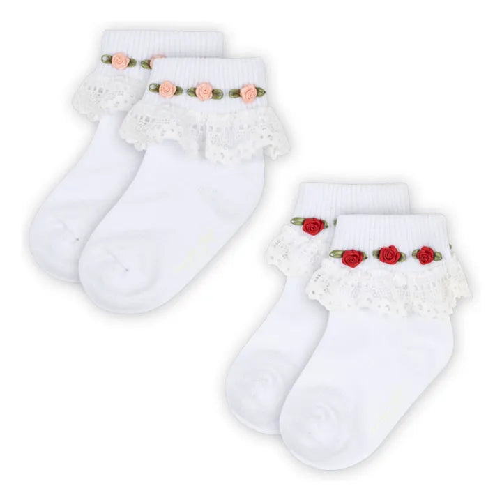 Konges Slojd Socken mit Spitze, weiß, Rosen, 2er-Pack