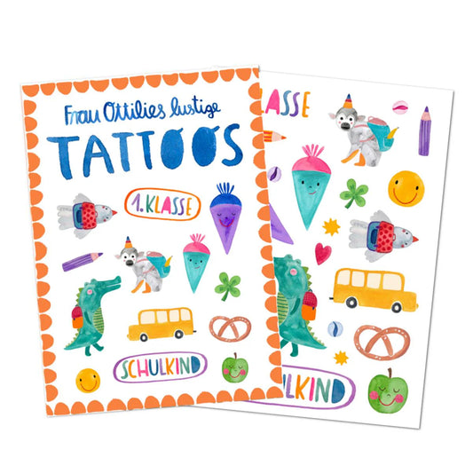 Frau Ottilie Lustige Kindertattoos Schulkind, orange, 1.Klasse, Affe, Krokodil