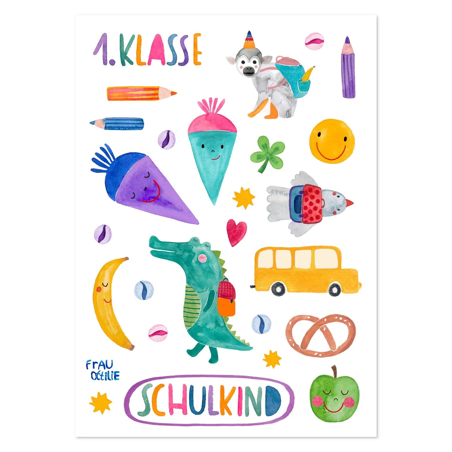 Frau Ottilie Lustige Kindertattoos Schulkind, orange, 1.Klasse, Affe, Krokodil