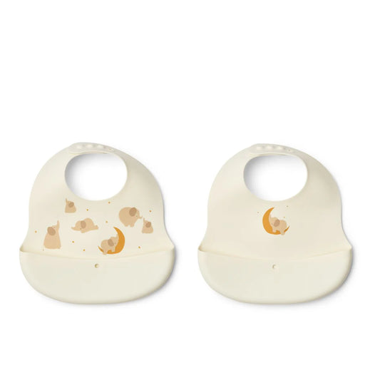 Liewood Ember Printed Bib, 2er Pack, Lätzchen mit Auffangschale, Elephant, creme de la creme