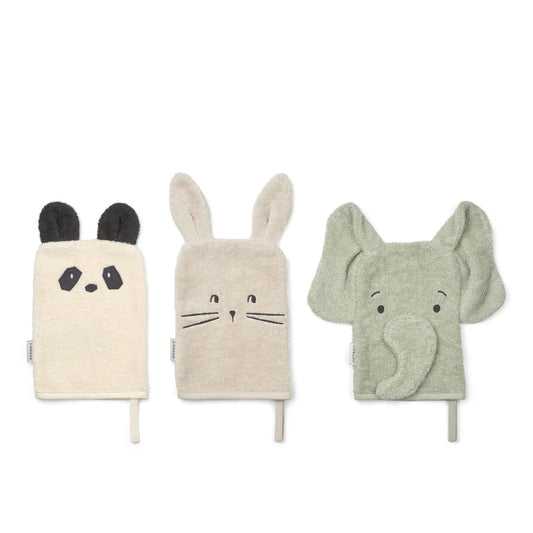 Liewood Sylvester Waschlappen 3er-Pack Hase Panda Elefant, dove blue mix