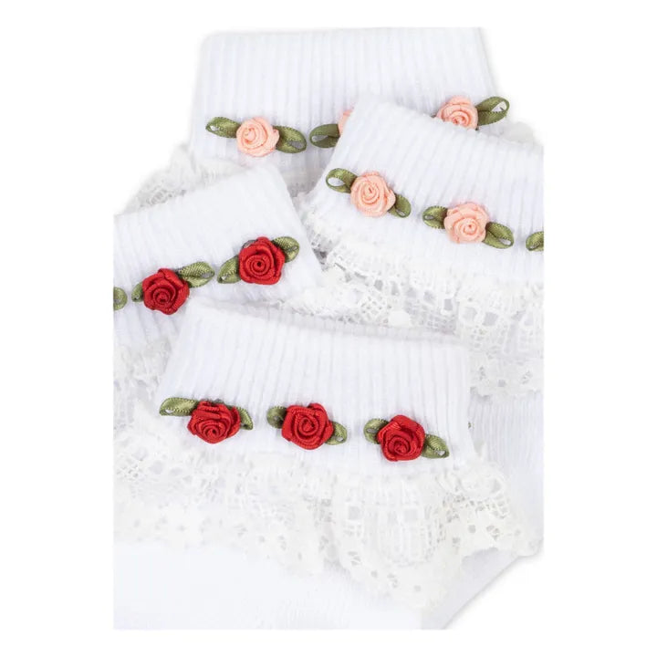 Konges Slojd Socken mit Spitze, weiß, Rosen, 2er-Pack