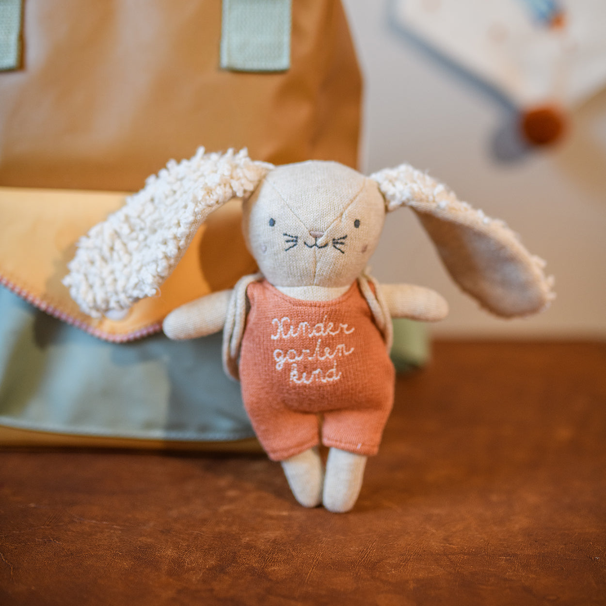 Ava&Yves Kindergartenkind Hase mit lachs Anzug und Rucksack