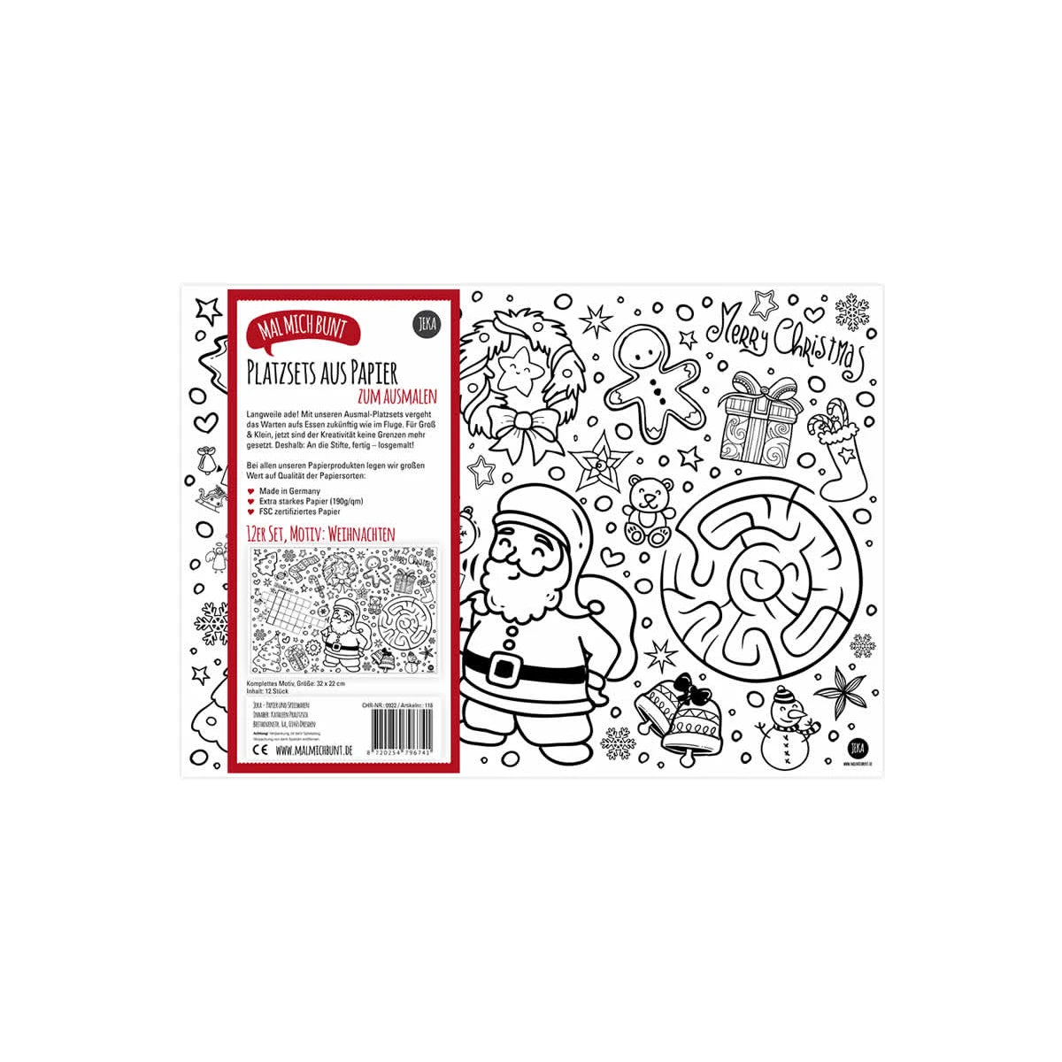 Mal Mich Bunt, Platzsets zum Ausmalen, Weihnachten 12er Pack