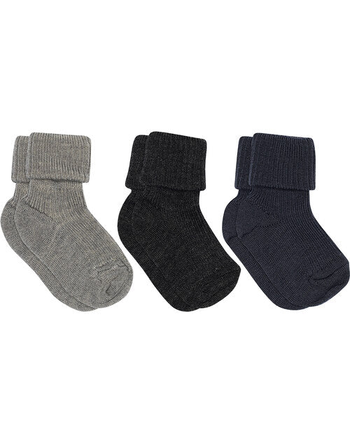 MP Denmark 3er-Pack Rib-Socks, Wollsocken navy dunkelgrau, grau meliert