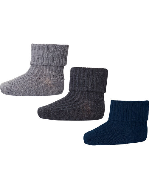 MP Denmark 3er-Pack Rib-Socks, Wollsocken navy dunkelgrau, grau meliert
