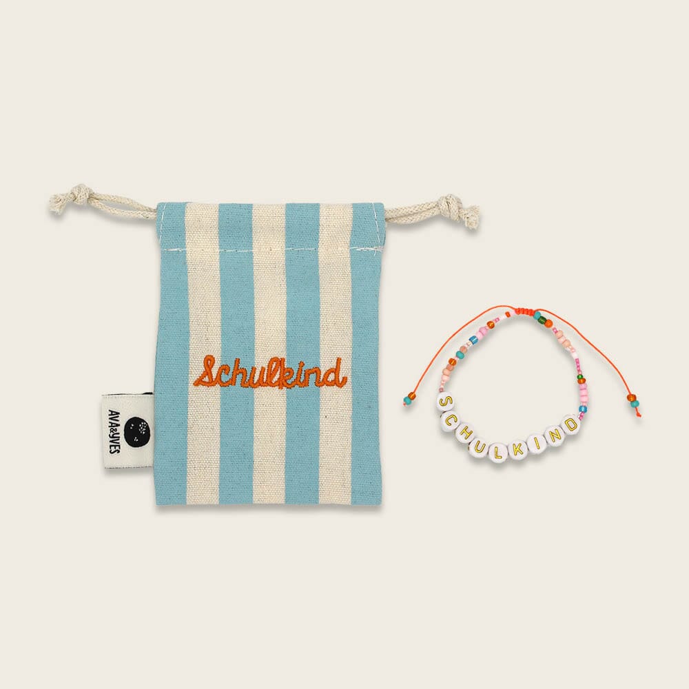 Ava&Yves Perlenarmband Schulkind orange/rosa, Beutel in hellblau/weiß