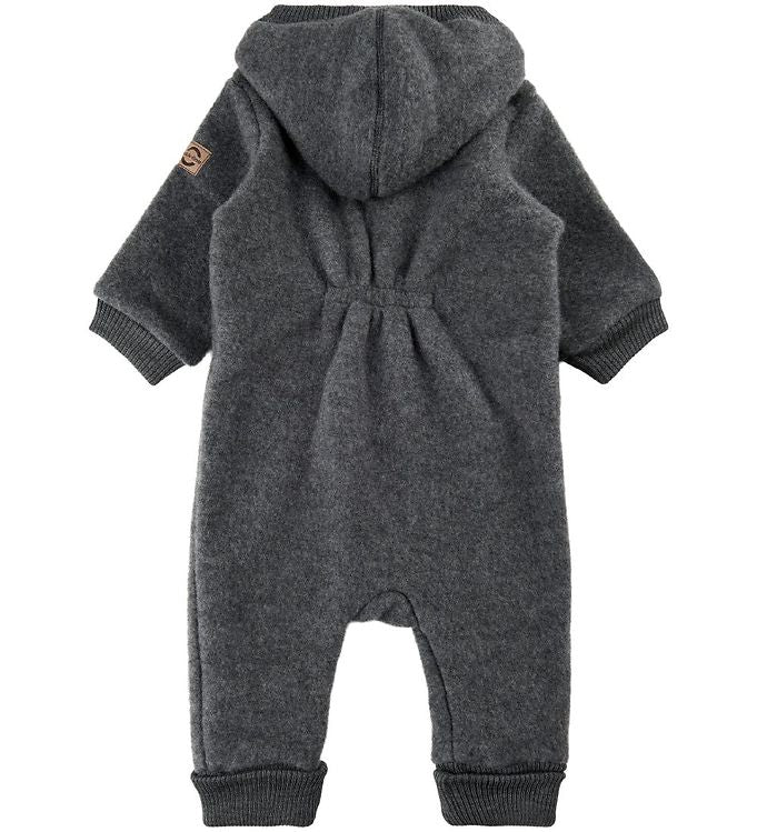 Mikk-Line Babyoverall mit Kapuze, Wollfleece, Anthracite Melange, dunkelgrau