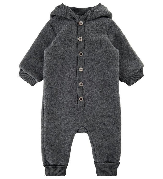 Mikk-Line Babyoverall mit Kapuze, Wollfleece, Anthracite Melange, dunkelgrau